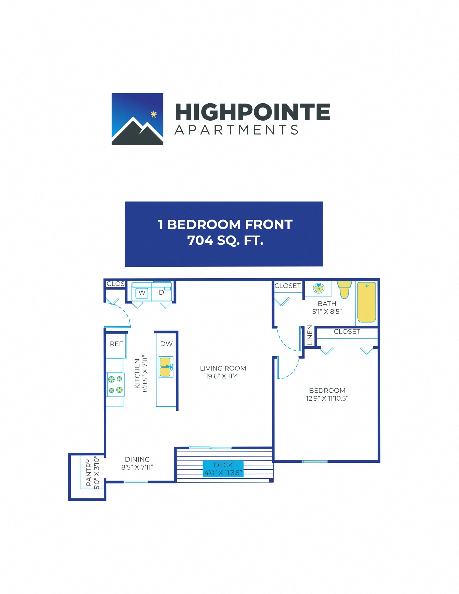 Floor plan for 1 bed, 1 bath, 704 sqft